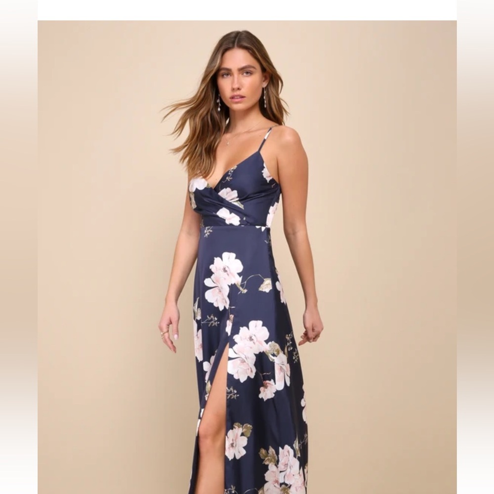 Blue Floral Maxi Dress with Asymmetrical Slit
